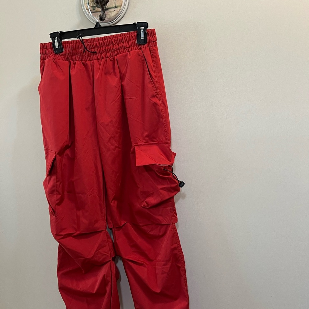 Love Poem Women’s Red Cargo Parachute Pants adjustable to Joggers Size M